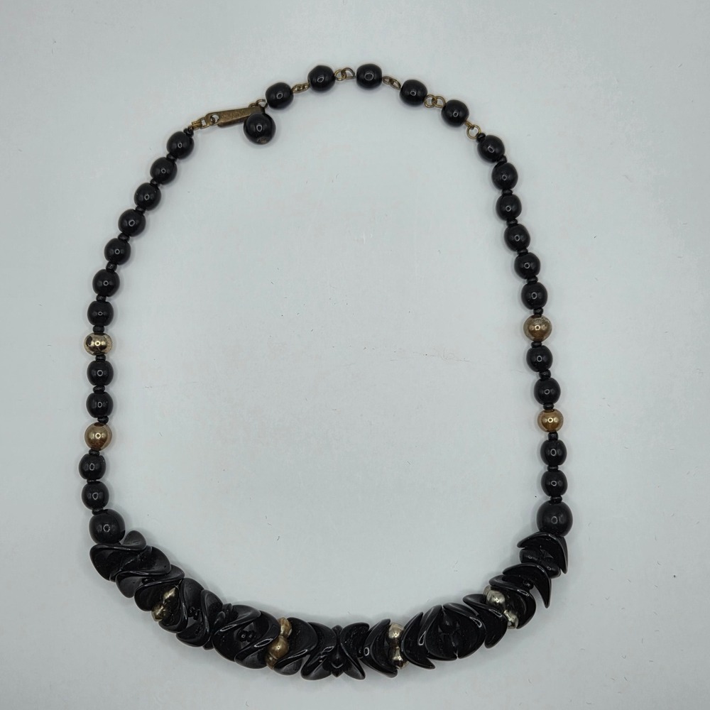 Vintage Japan Black Glass Bead Choker Necklace 15" Retro Mid Century Gothic
